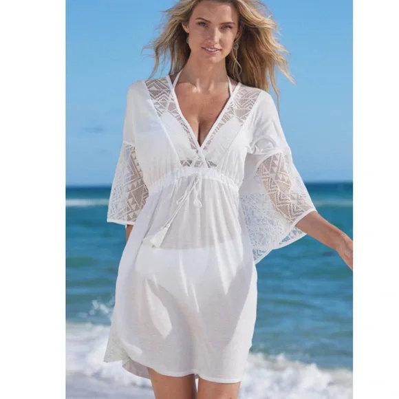 White Lace Coverup Womens Kimono Cottagecore Beach Dress Minimalist‎ Boho Sheer - Picture 2 of 6